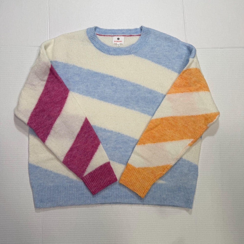 Sundry Striped Oversized Sweater. Small. Pink, Orange and White, Crew Neck - Picture 3 of 9